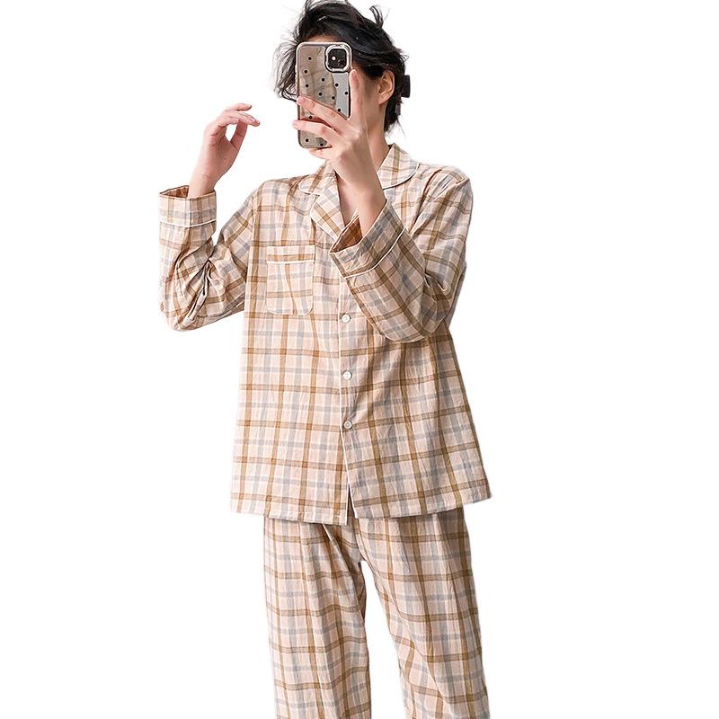 Spring and summer new women's plaid pajamas set long-sleeved trousers lapel loungewear pure cotton couple cardigan can be outside