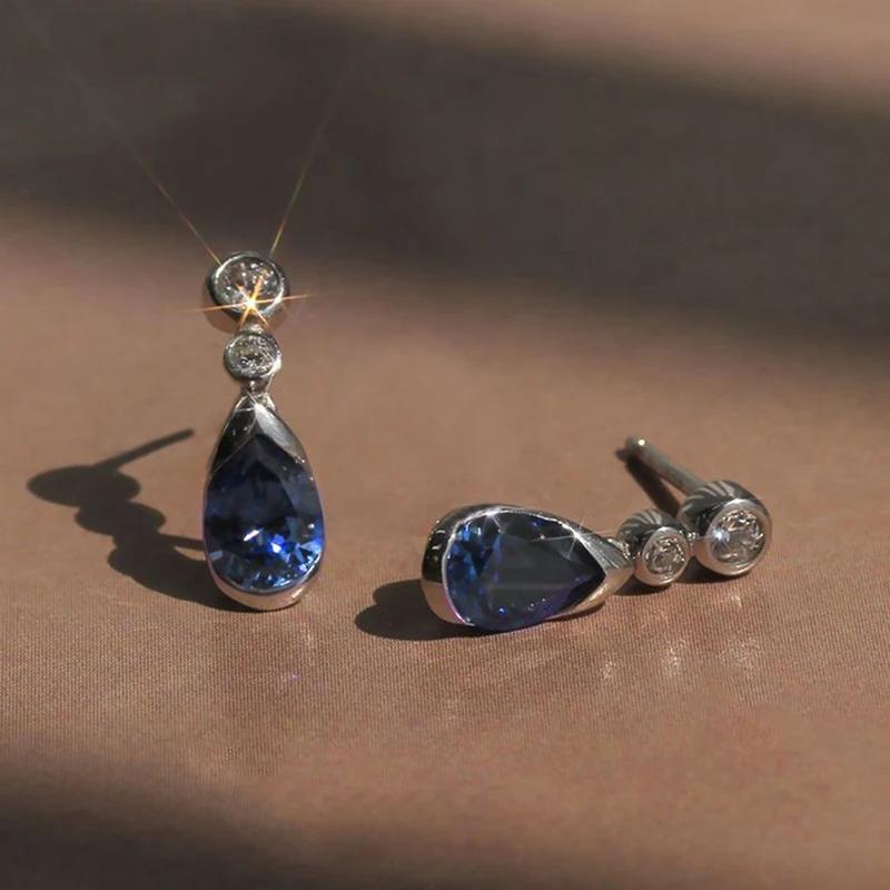 Chic Trendy Drop Earrings for Women Blue Zirconia Pendant Jewelry for Engagement Dainty Fashion Accessories for Female