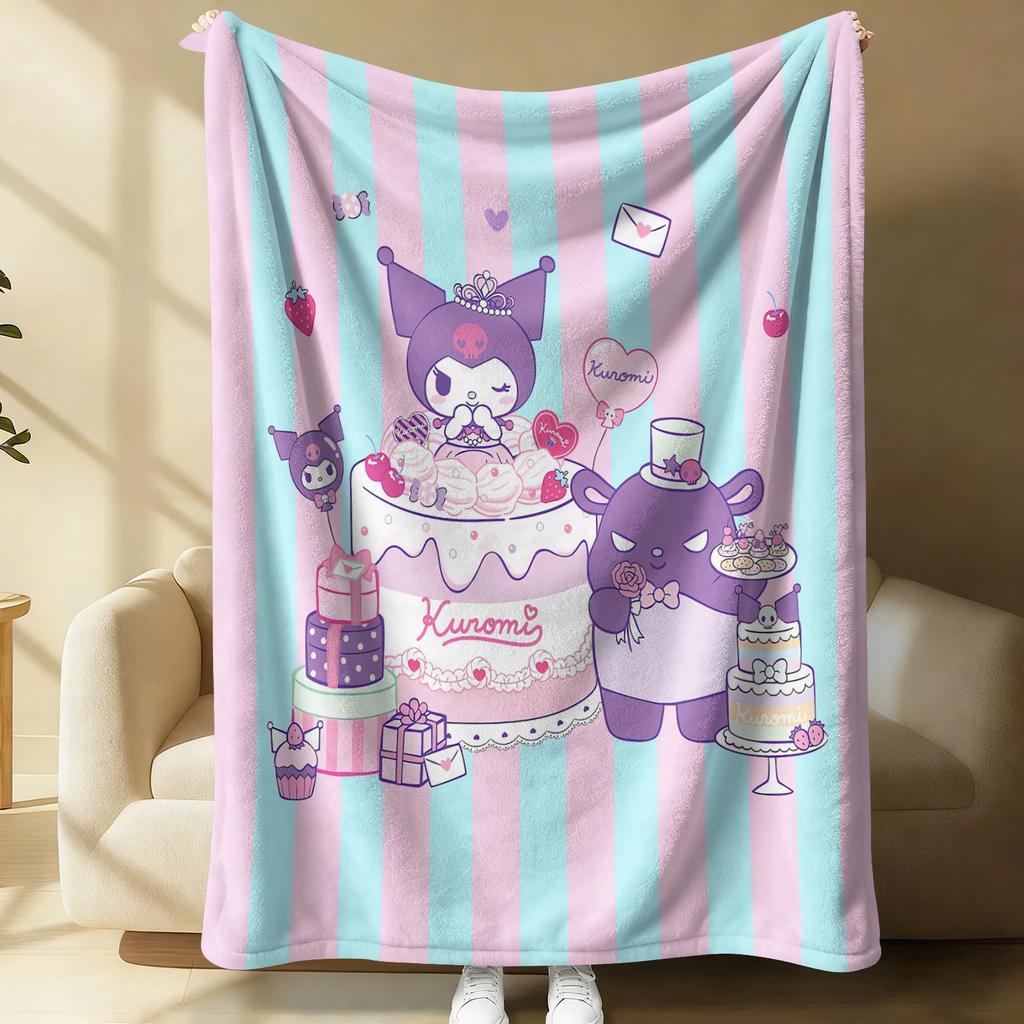 Kuromi Pink & White Stripe Flannel Blanket Soft Warm Throw Japanese Anime Camping Office Bedroom School Nap Blanket Summer Quilt