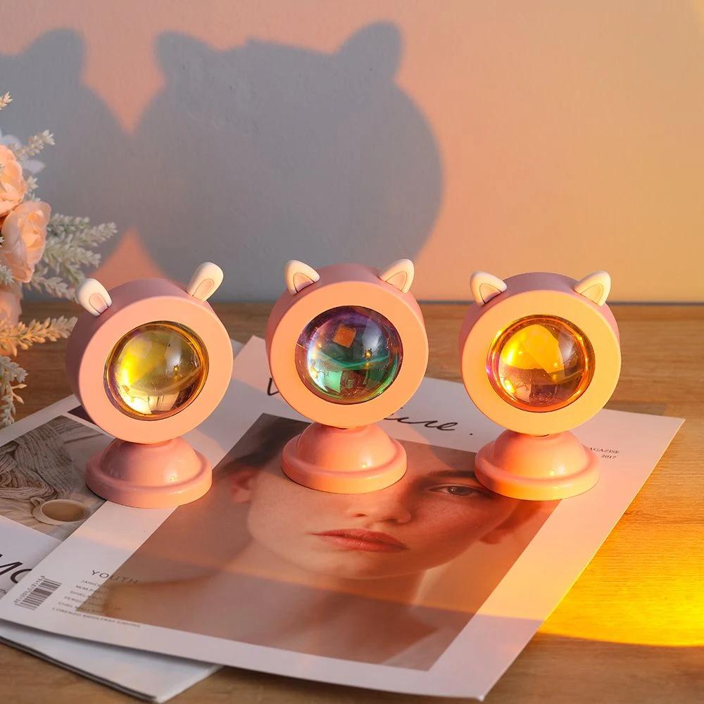 Tiktok Atmosphere Sunset Projection Lamp Rainbow Cat Ear Night Light Sunset Light Bedroom Room Background Wall Table Lamp
