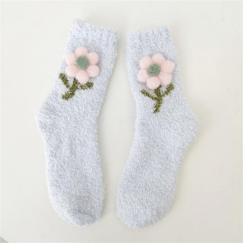 Japanese Women Girl Cute Coral Fleece Slipper Socks 3D Plush Flower Thicken Warm Thermal Fuzzy Floor Sleeping Socks
