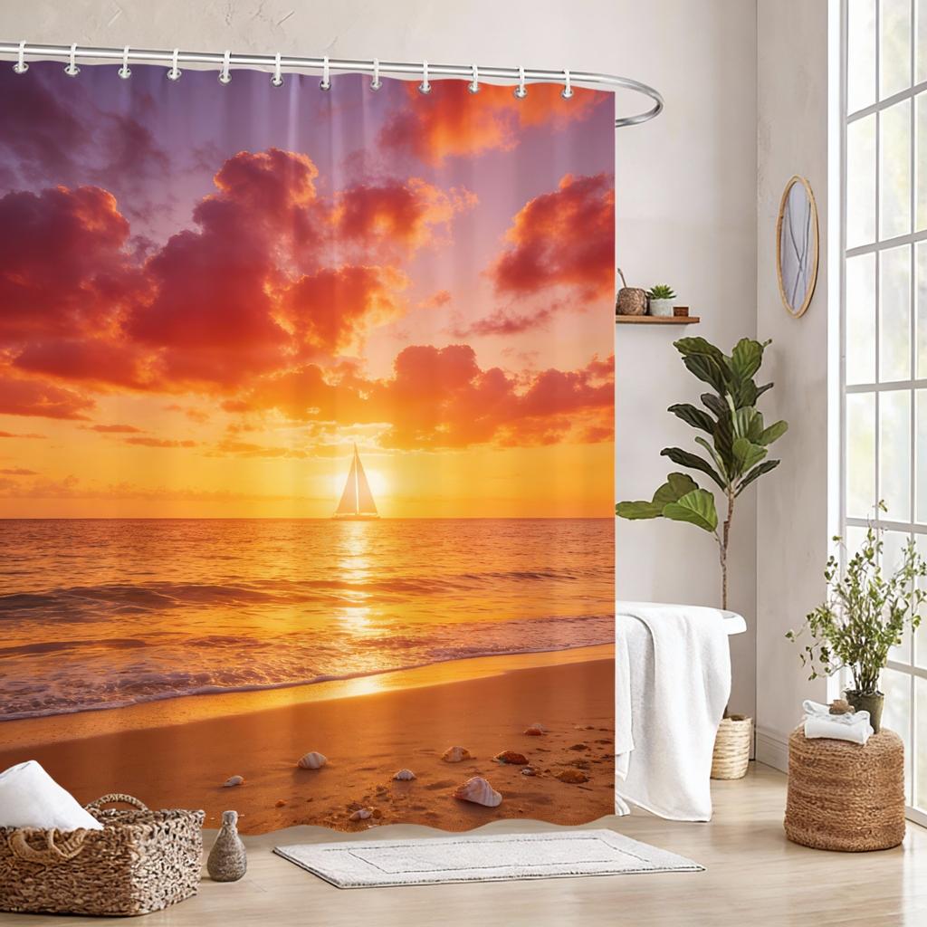 Tropical Paradise Bath Curtain - Lush Palm Trees & Crystal Waterfall, Waterproof Home Decor Adds Exotic Beauty To Your Bathroom