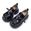 Black Thick-soled Heightened Loafers Autumn Retro Round Head One-pedal Thick-heeled Metal Small Leather Shoes