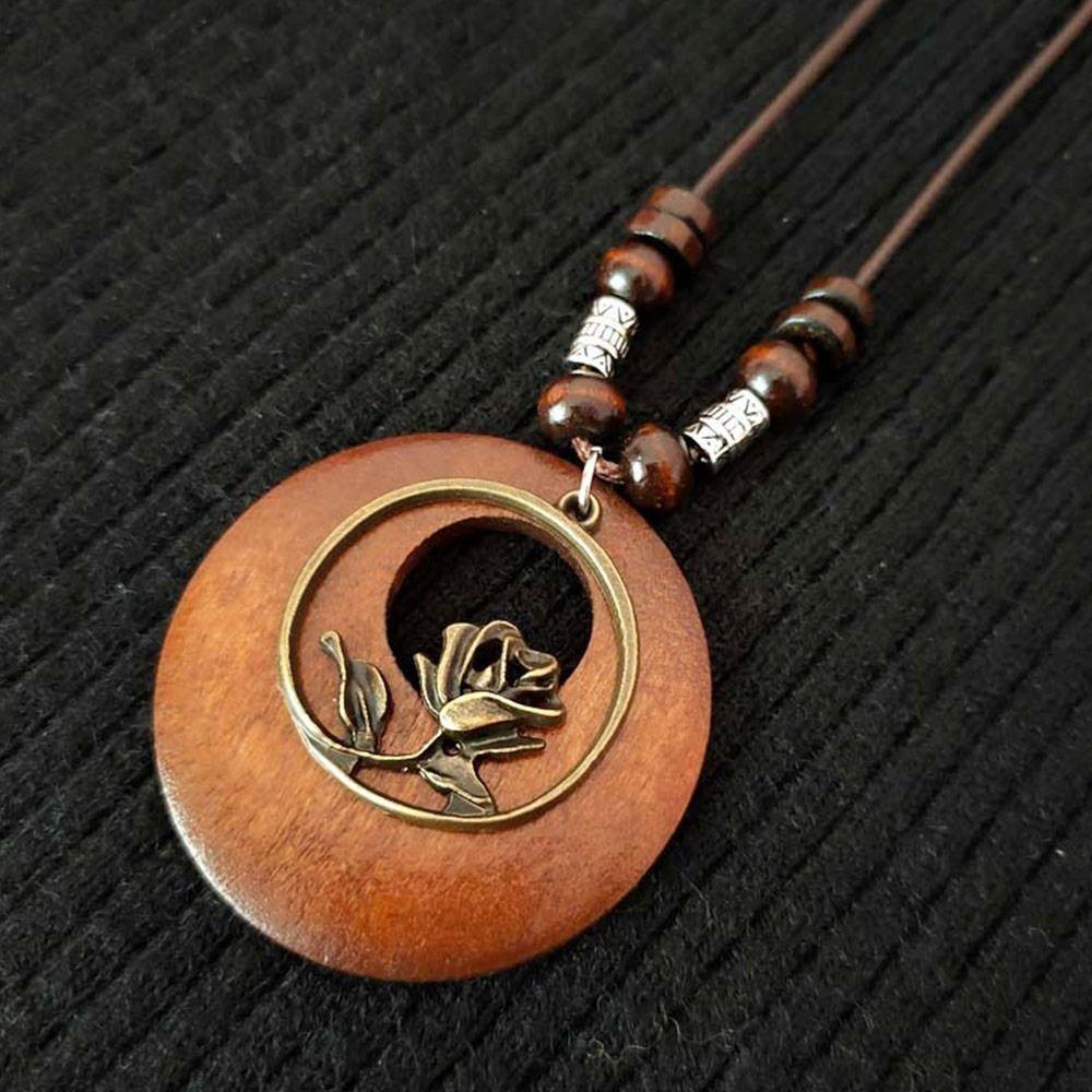 Round Clothing Pendant Retro Ethnic Sweater Necklace Gifts Vintage Leather Lanyard  Women Girls