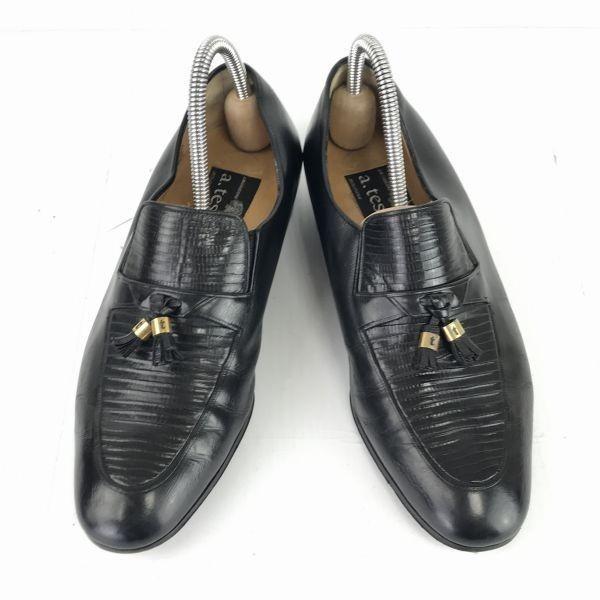 a.testoni Made in Italy Lizard Leather Tassel Loafers Size 6.5G 25.0cm Black Dress Shoes(USED)