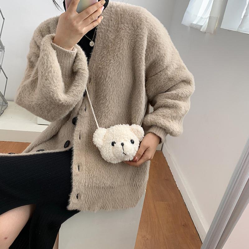 Cartoon bear head messenger bag female plush bag simple ins one-shoulder small bag student cute girl heart small messenger bag
