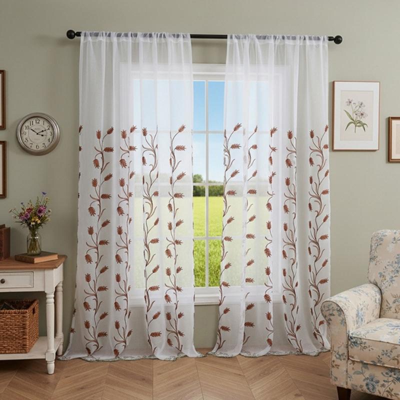 Rod Pocket Design Semi Sheer Curtain Easy Installation Wheat Embroidered Voile Drape Light Filtering for Home Decors