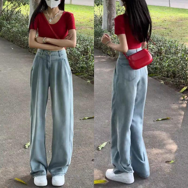 

Women s Light Blue High-Waisted Wide-Leg Tencel Jeans, Summer Slimming Straight-Fit with Good Drape, Floor-Length S (85-95 jin) светло-синий