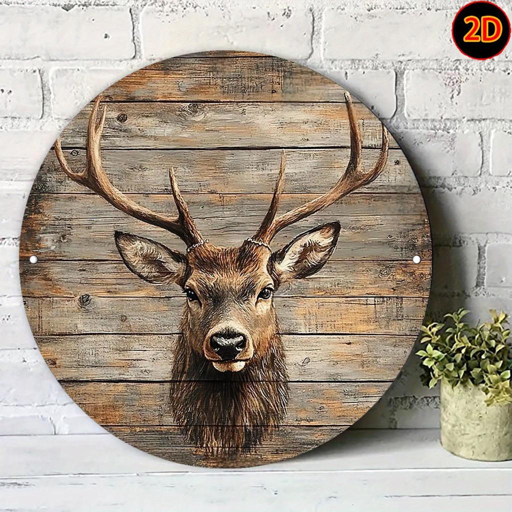 D Flat D Flat Vintage Deer Head D Printed Round Aluminum Wall Art Rustic Wood Grain Background Ideal for Bedroom Livi