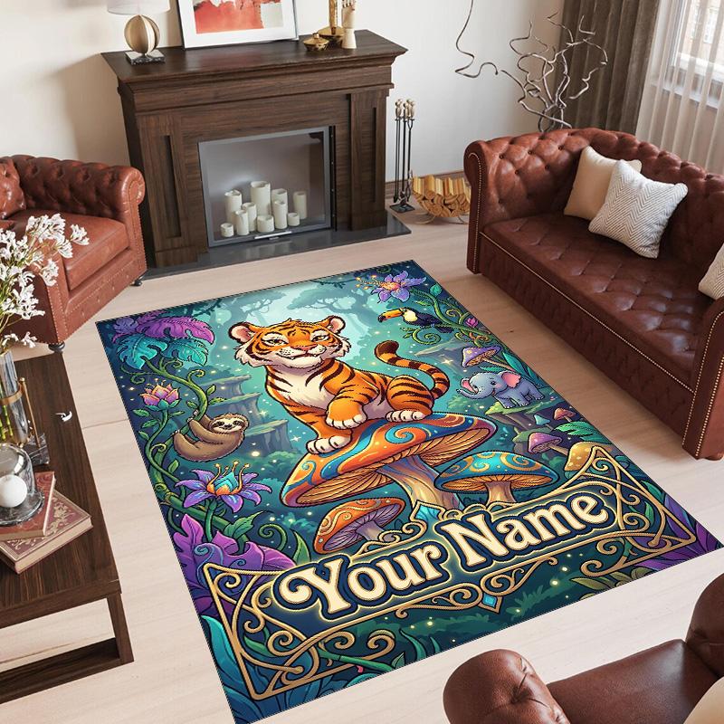 Leopard Theme Crystal Velvet Floor Rug Personalized Custom Name Text Warm Carpet Home Decoration