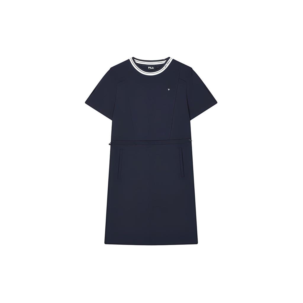 Fila Logo Color Block Neckline Casual Loose Soft Comfortable Breathable Knit Pullover Round Neck Short Sleeve Dress Women Dresses F11W424304F-DB
