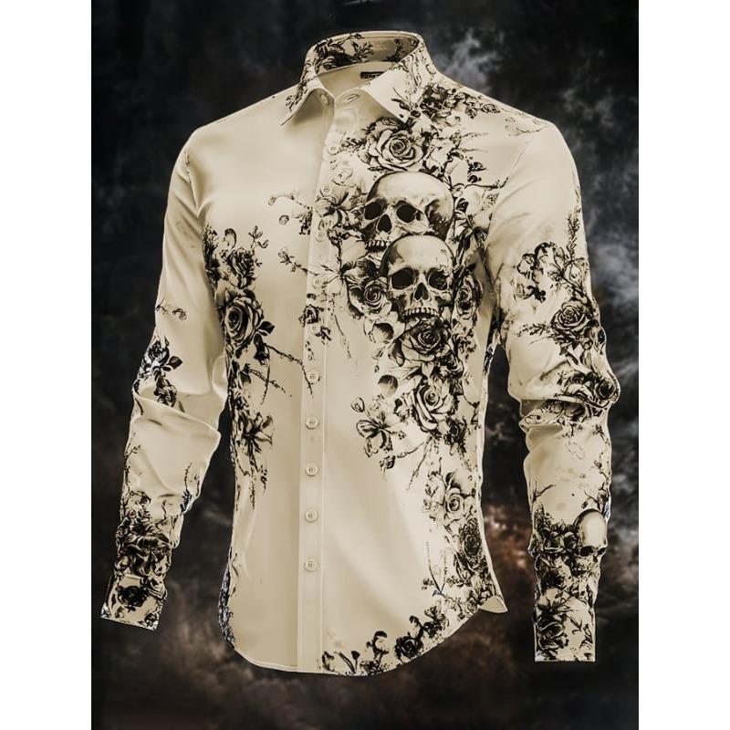 Halloween Thema Mannen Halloween Kostuums Schedels Shirt Knoopsluiting Shirt Casual Overhemd Lange Mouw Donkere Gotische Stijl Tops