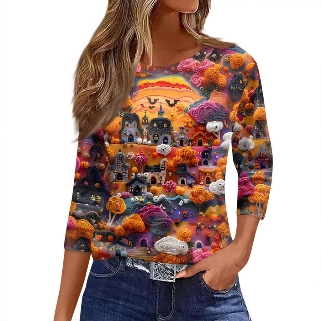 Women's T Shirt Halloween Print 3/4 Sleeve Daily Fashion Basic Round Neck Regular Top