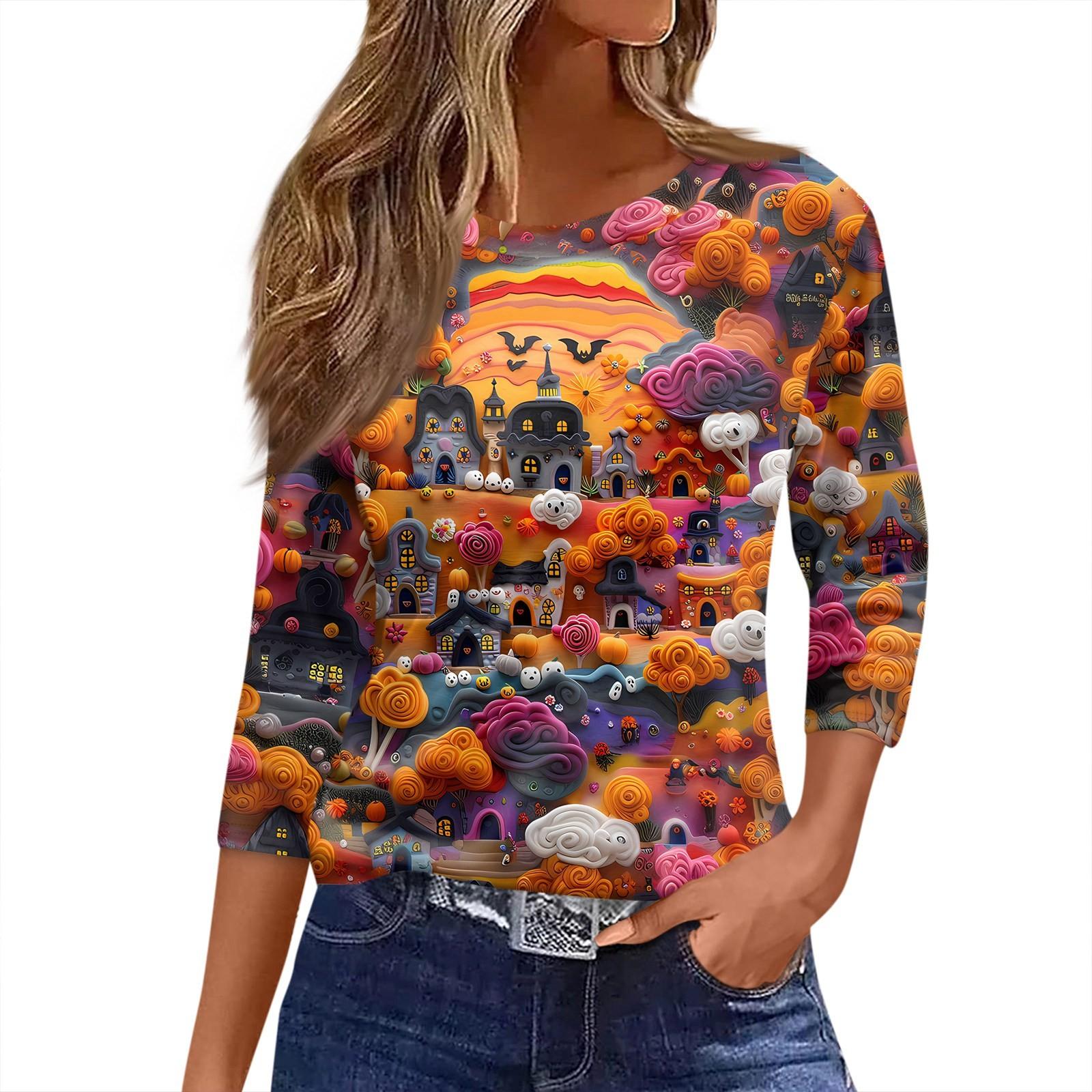 

Women s T Shirt Halloween Print 3/4 Sleeve Daily Fashion Basic Round Neck Regular Top XL фіолетовий