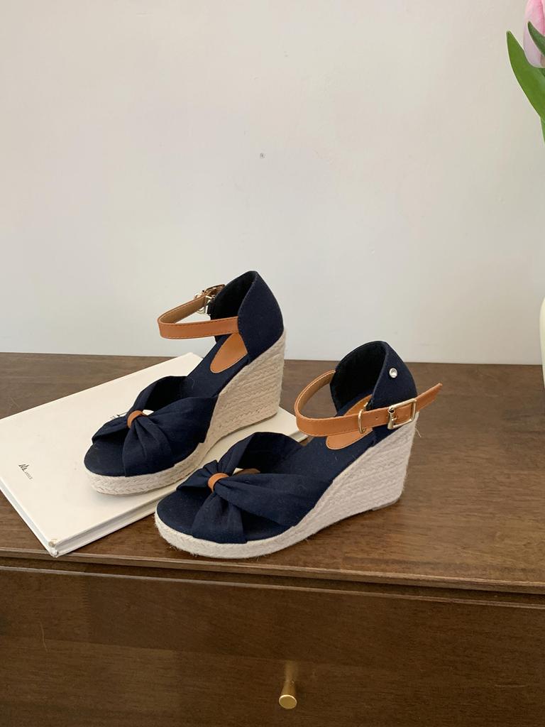 fashion Peep Toe Women Sandals Beige/Blue Summer Dress Shoes Ankle Strap Belt Buckle Wedge High Heels ELegant High Heels Party Sandals