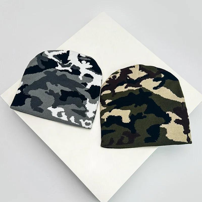 Autumn and Winter New European Style Camouflage Color Block Knitted Hats Warm Versatile Hip Hop Beanies Street Fashion Outdoor