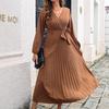 Herbst Winter Damen Langarm Maxi Kleid V-Ausschnitt Schnürung Unifarben Plissiert Temperament Größen S bis XXXL