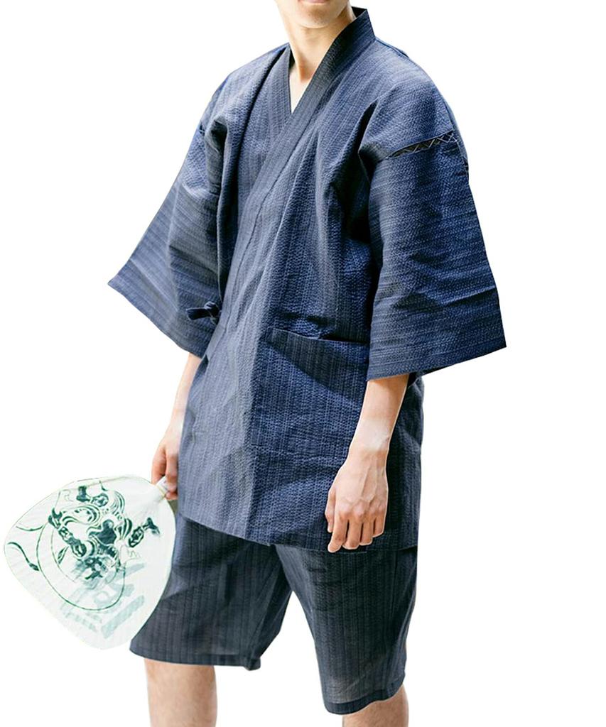 Kyoto Kimonomachi Original Navy Cotton and Size Day Plus Size [KIMONOMACHI] Men's Jinbei, Striped, Linen, L, Father's Gift, Loungewear,