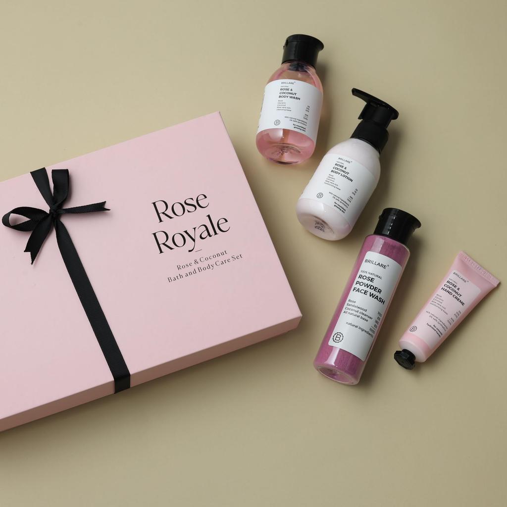 Brillare Rose Royale Gift Box | Rose Body Wash, Body Scrub, Face Wash & Face Scrub | Luxurious Skincare for All Skin Types | Perfect Gift for Specia