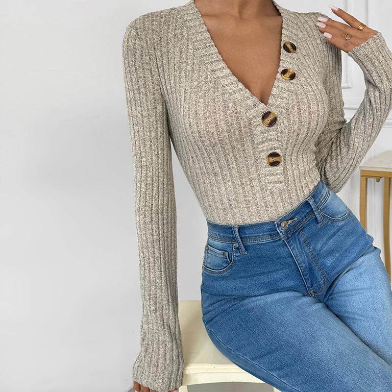 YYFS Women's Fashion Casual Fall Winter Solid Color Print Long Sleeve V-Neck Pullovers & Long Sleeves