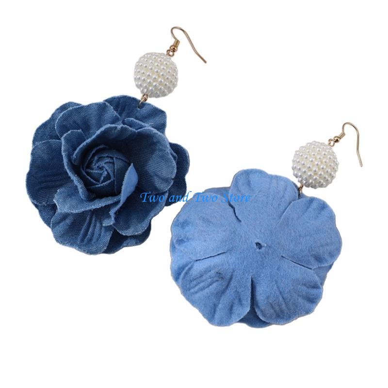 HX6F Handmade Camellia Flower Earrings Lightweight Blue Floral Long Eardrop Accessory