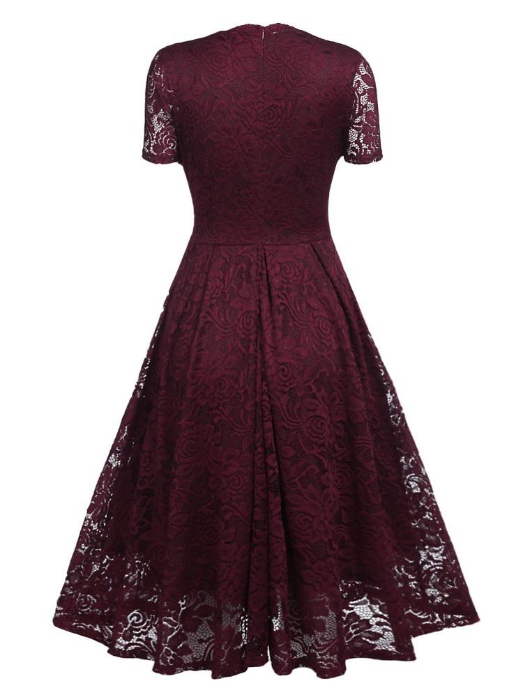 Bright Deer Women's Lace Cocktail Dress V Neck Short Sleeve Fitted Waist Midi Prom Bridesmaid Wedding Guest Party Evening Occasion Outfit