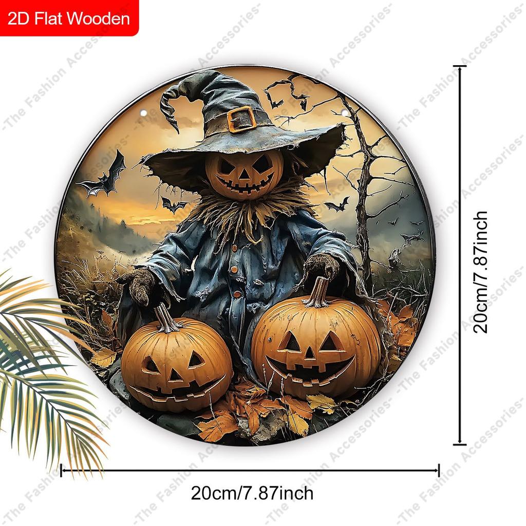 Halloween Pumpkin Scarecrow Witch Hat Bat Round Wooden Hanging Sign, Front Door Porch Decor