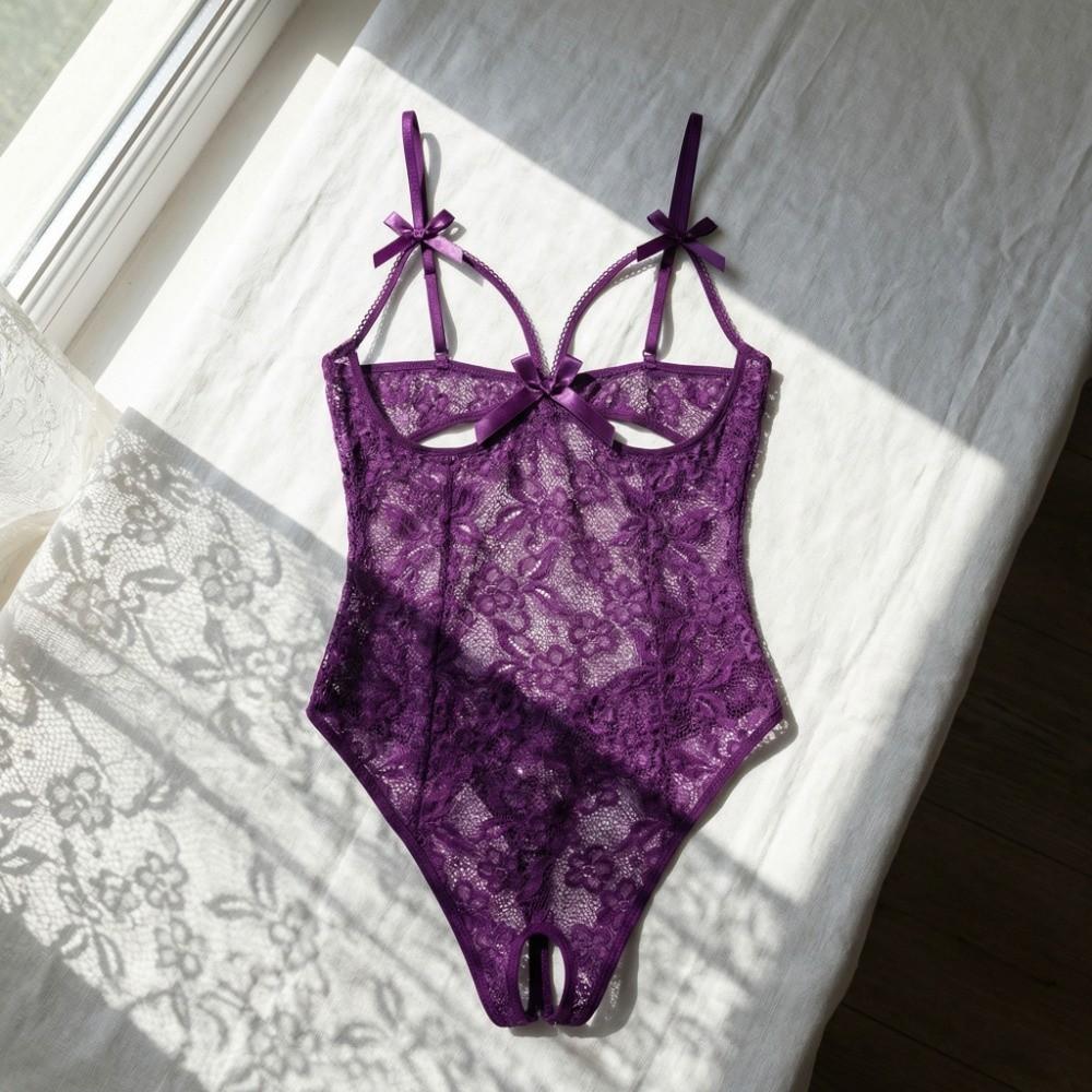Open Crotch Women Underwear Deep V Lace Sling Nightwear Sweet Lace Bow Bodysuit  Home