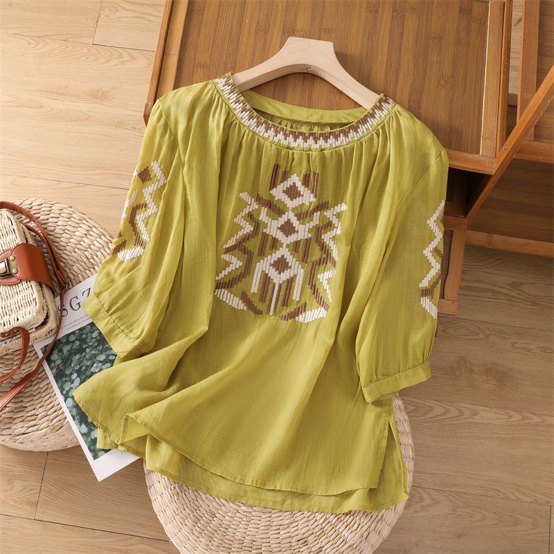 Women Summer Office Lady O-neck Loose Vintage Blouses Cotton Linen Casual Short Sleeve T-Shirt Ladies Embroidered Tops
