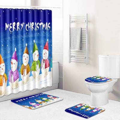 Christmas Toilet Seat Shower Curtain Four-Piece Printed Floor Mat Set Bathroom Floor Mat Bedroom Absorbent Door Mat Carpet