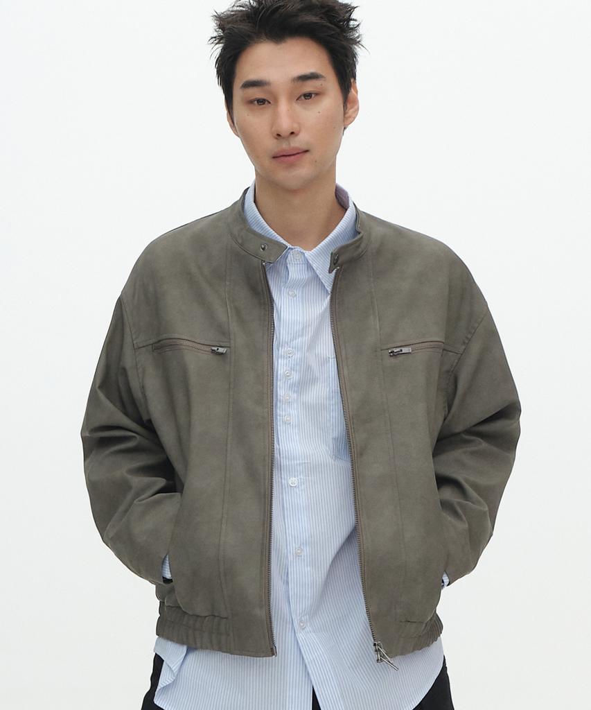 Placestudioman Vintage Oversized Neck Button Two-Way Leather Racing Biker Jacket_2 Colors