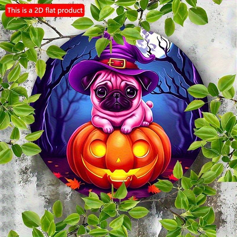 2d Flat 20*20cm The Circular Wooden Sign Features Graphic Design Witch Hat, and Pumpkin Pattern. Halloween Themed, for Home, Garage, Restaurant, Cafe.