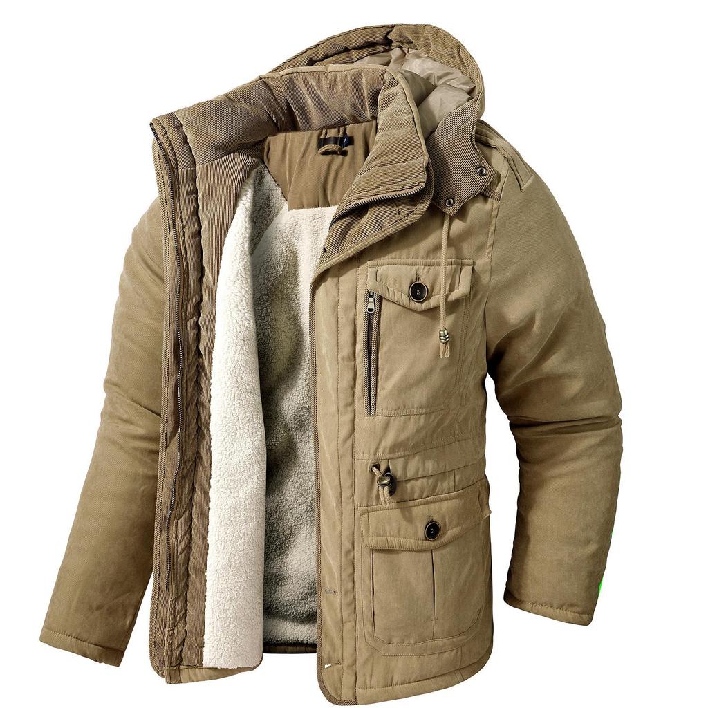 Men's Plus Size Lammefleece, hette bomullsjakke fortykket bomullstopp med flere lommer Uformell mellomlang jakke