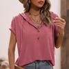 Summer 2025 Short Sleeve Loose Hooded T-shirt Women Elegant Button V Neck Slim Fit Casual T Shirt Woman Fashion Solid Simple Drawstring Lady Tee 26480