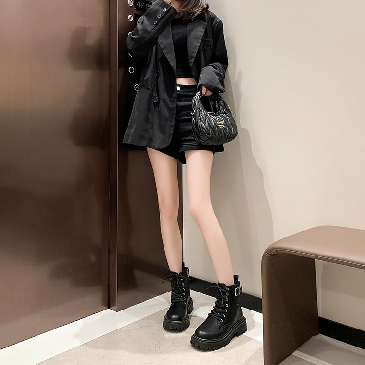 Large Size Short Boots Women's 2025 Martin Boots Women's British Style Belt Buckle Lace-up Black Short Boots Autumn and Winter Boots