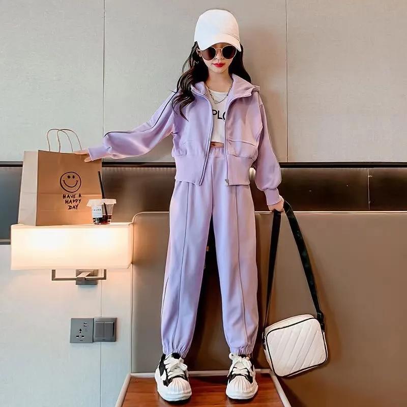 

Модный детский повседневный костюм-кардиган для девочек на весну и осень, спортивные повседневные брюки, костюм-двойка 140 фиолетовый