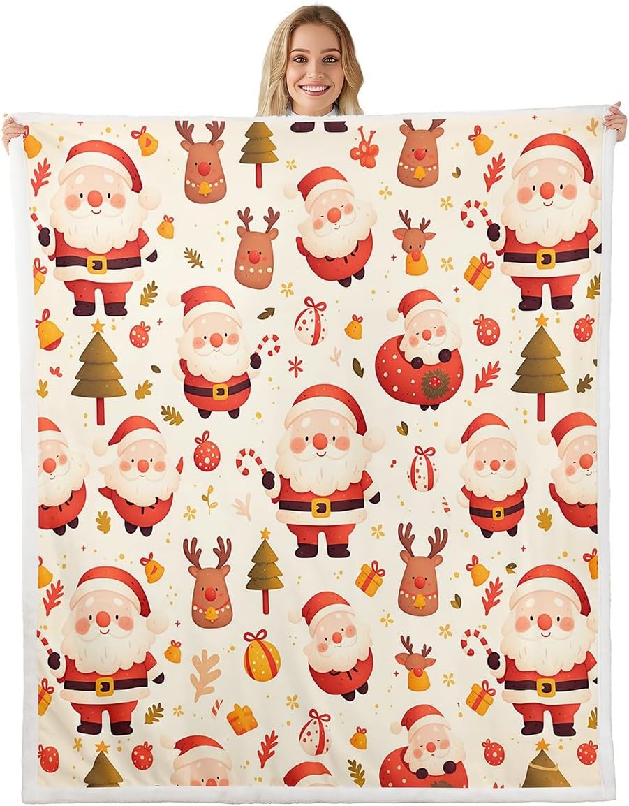Santa Claus Sherpa Blanket,Kids Merry Christmas Throw Blanket Xmas Tree Deer Fleece Blanket For Girls Boys Teen, Cartoon Animal 75X95CM