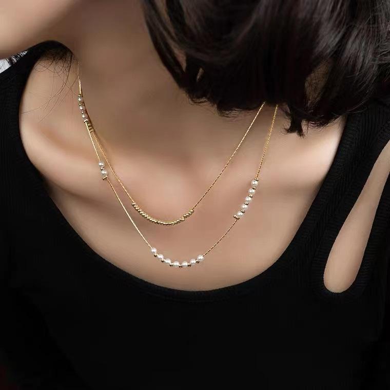 

ins натуральный пресноводный жемчуг ожерелье супер фея двухслойный сложенный носить титан сталь покрытый 18-каратным золотом ключичная цепочка шея