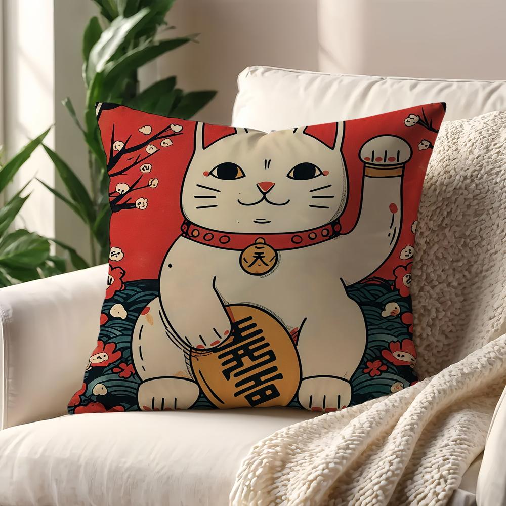 Lucky Cat M-Maneki Neko Cushion Cover For Pillow Printing Sofa Decoration Home Car Room Coffee Shop Office Nordic Simplicity