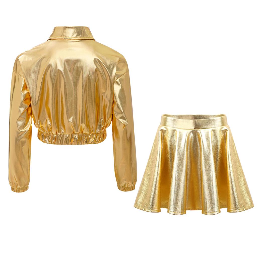 Mädchen Metallic Hip Hop Jazz Tanz Umlegekragen Langarm Reißverschluss Jacke Elastischer Bund Ausgestellter A-Linien Rock