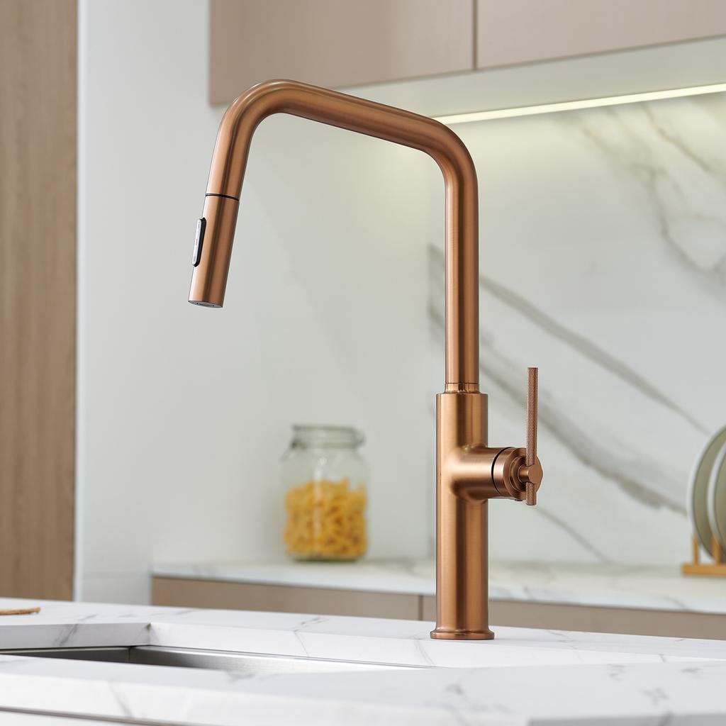 Rose Gold Brushed Brass Pull-out Kitchen Faucet Rotating Crane Extendable Hot Cold Water Grey/Black for Sink