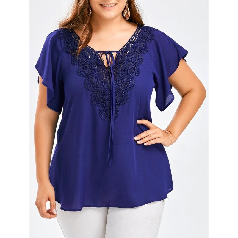 Lace V Neck Loose Women Blouse Large Size Lace-up Short Sleeve Shirts Ladies Solid Color Loose Sweet Office Elegant Fashion Simple Clothing