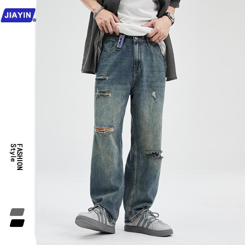 

Men s Trendy Loose-Fit Ripped Knee Retro Dad Jeans - Wide Leg Straight Pants for Spring & Autumn 30 синий