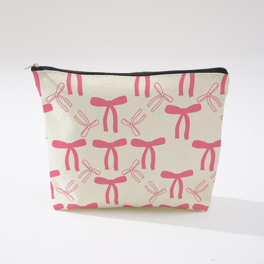 Pink Bowknot Zipper Storage Bag Travel Portable Wash Pouch Student Pencil Case Multi-Purpose Organizer for Women