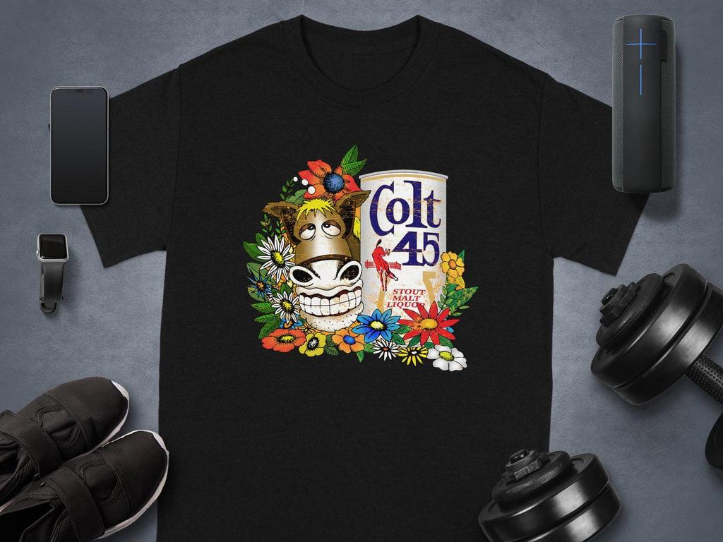 Horse with Colt 45 T-Shirt, Floral Beer Tee, Funny Animal T-Shirt, Cartoon Horse Tee, Novelty Graphic T-Shirt, Party T-Shirt