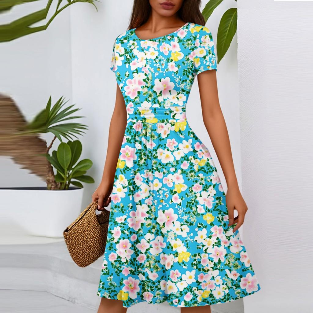 Women's Casual Fashion Round Neck Pleated Short Sleeve Floral Print A-Line Midi Dress