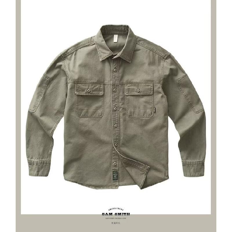 Trendy heavy-duty work shirt for men, thickened twill, loose fit, American retro style, spring and autumn, army green shirt jacket