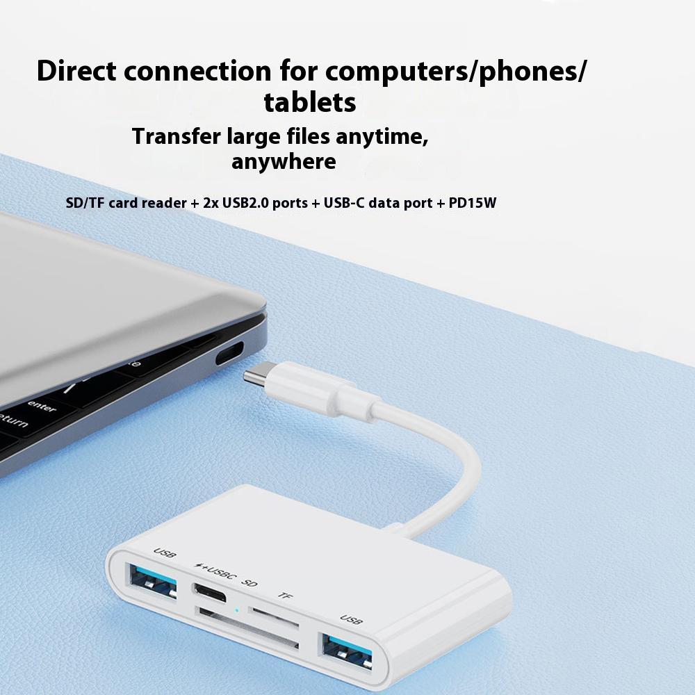 5 in 1 Type-C OTG Adapter USB-C to 2x USB 2.0, 1x USB-C PD 15W/SD TF Card Reader for iPhone/MacBook/USB C Devices