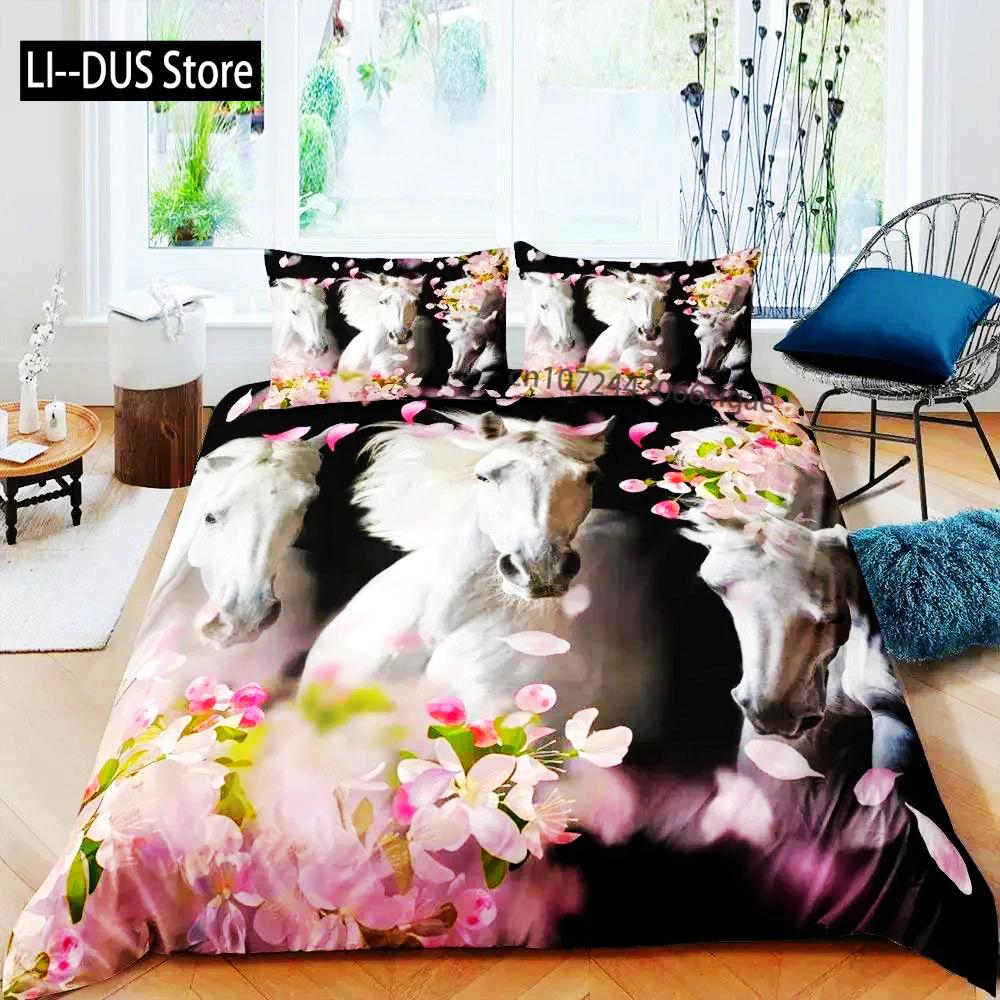 3D-Bettbezug mit Pferd, King- und Queen-Size-Größe, gelbes Sonnenblumen-Bettwäscheset, florales Tiermotiv, Bettbezug, Wildtier-Motiv, weicher Bettbezug