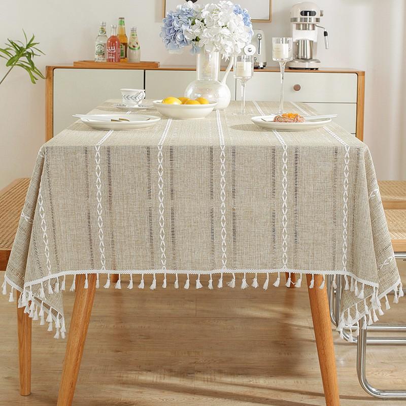 Nordic Style Cotton Linen Tablecloth With Fringe Tassels Woven Stripe Rectangular Dining Table Cover Christmas Home